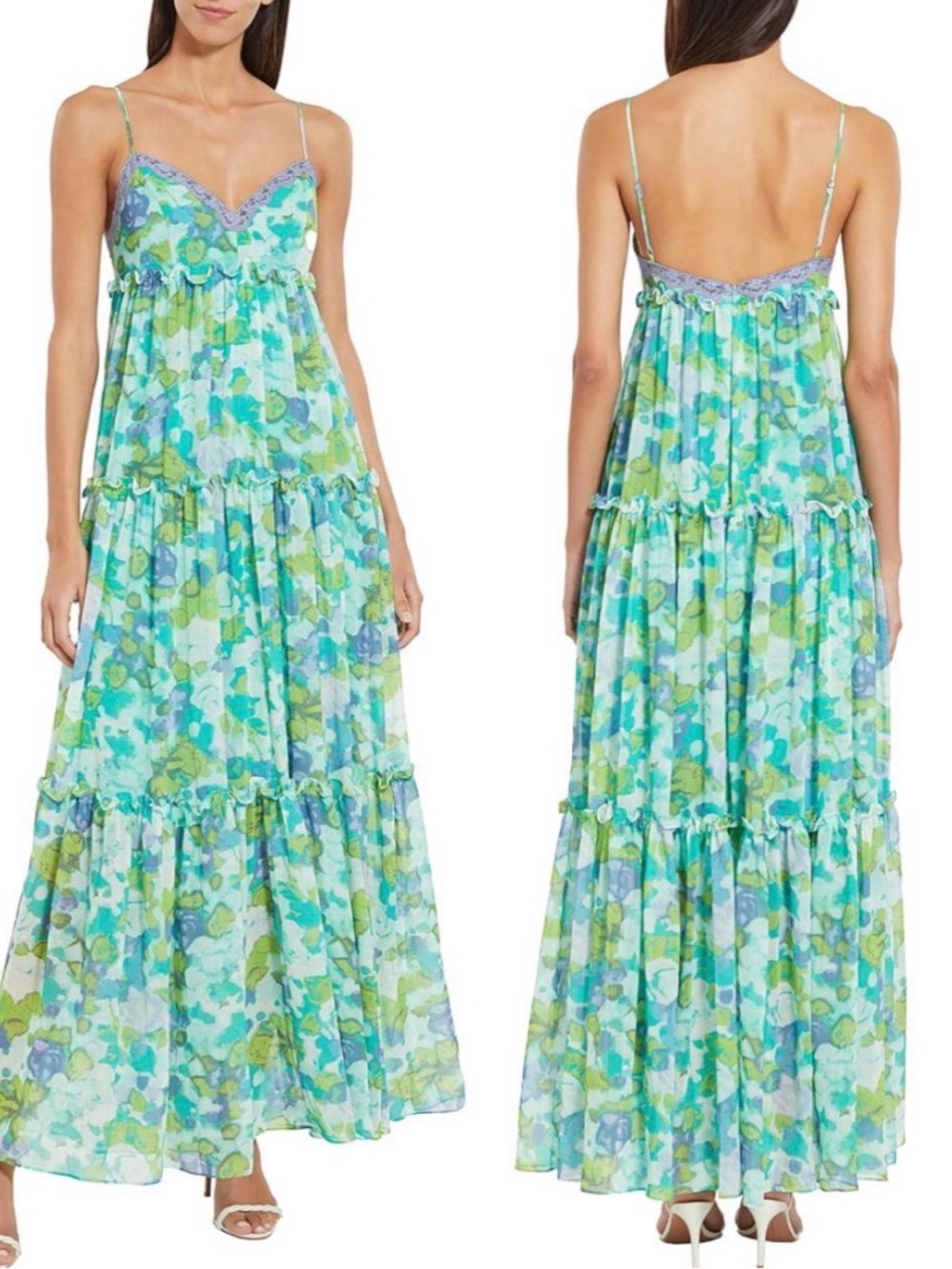 BCBGMaxAzria Aqua Blue and Green Floral Spaghetti-Strap Maxi Dress